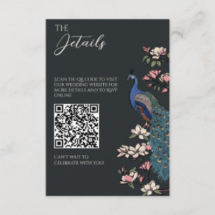 Fast schwarze Pfau- und Magnolienhochzeit QR Begleitkarte