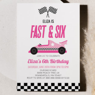 Fast & Six Pink Race Car 6. Geburtstagsparty Einladung