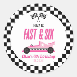 Fast & Six Pink Race Car 6. Geburtstagsparty Runder Aufkleber