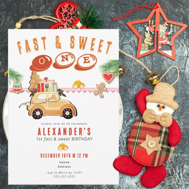 Fast Sweet Christmas Gingerbread Car 1st Birthday Einladung (Fast & Sweet Christmas Gingerbread Car 1st Birthday Festive Cookies and Cocoa Kids Party Invitation)