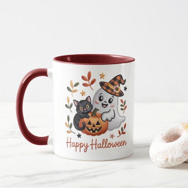 Faszinierende Halloween-Grußkarte - Hand Gezeichne Tasse (Mit Donut)