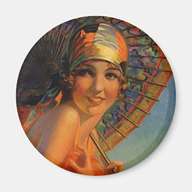 Faszinierendes Flapper Girl mit Parasol & Cloche Magnet (Vorne)