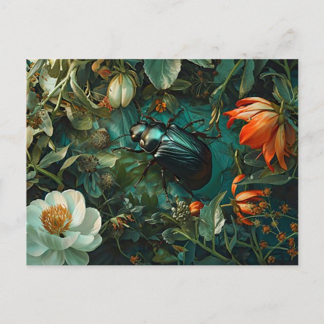 Fat Dung Käfer zwischen Dahlia Blooms Illustration Postkarte (Vorderseite)