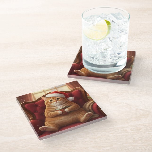 Fat Santa Cat with Hot Chocolate Glass Coaster Glasuntersetzer (Schrägansicht)