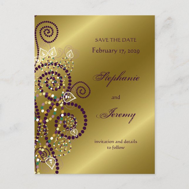 Fatatin Boho Lila Spirals Gold Save the Date Ankündigungspostkarte (Vorderseite)