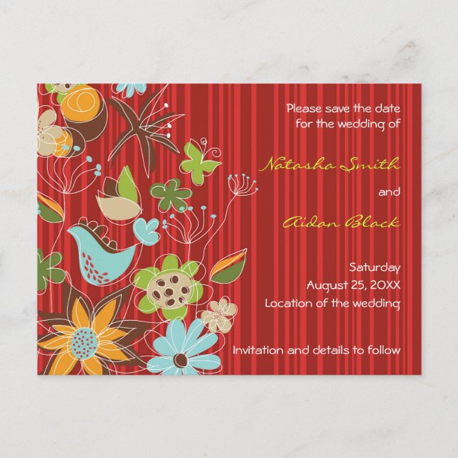 Fatfation Red Floral Garden Save the Date Postkart Ankündigungspostkarte (Vorderseite)