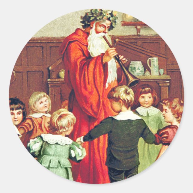 Father Christmas Blowing The Horn Runder Aufkleber (Vorderseite)