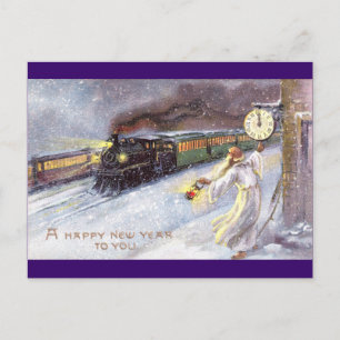 Father Time & Train Vintage Neujahr Feiertagspostkarte