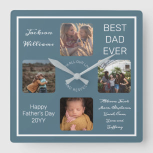 Fathers Day Best Dad Ever Blue Four Photo Quadratische Wanduhr