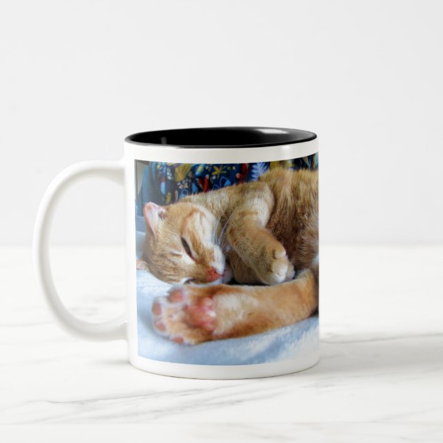 Faule schläfrige Ingwer-Katze Zweifarbige Tasse (Links)