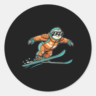 Faulheit beim Skifahren in orangem Anzug Schneebri Runder Aufkleber