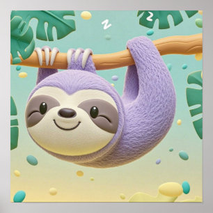 Faultier aus Cartoon hängt an einem Baumzweig Poster