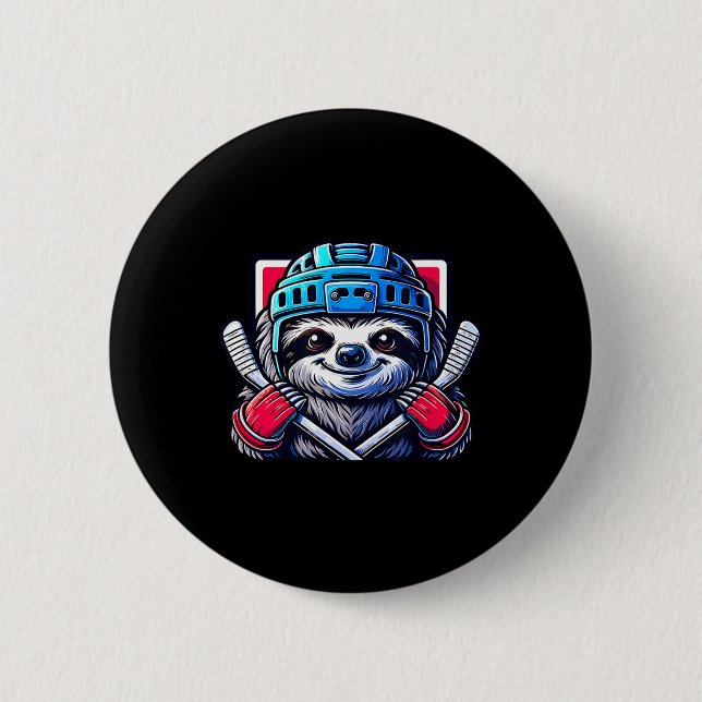 Faultier beim Eishockey bereit, ein lustiges Grafi Button (Vorderseite)