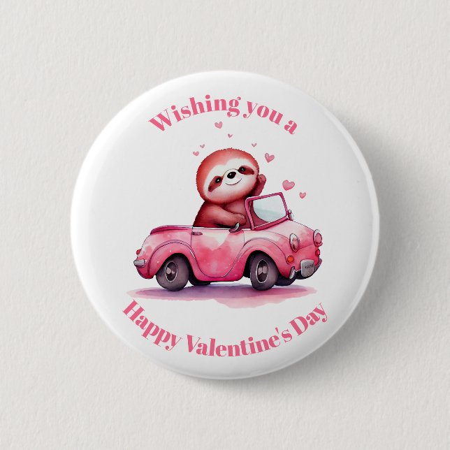 Faultier fährt ein rosa Cabrio am Valentinstag Button (Vorderseite)