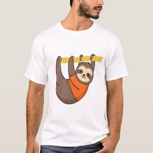Faultier hängt an einem Ast mit Orange T-Shirt