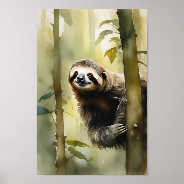 Faultier im Wald, Aquarellmalerei Poster (Vorne)