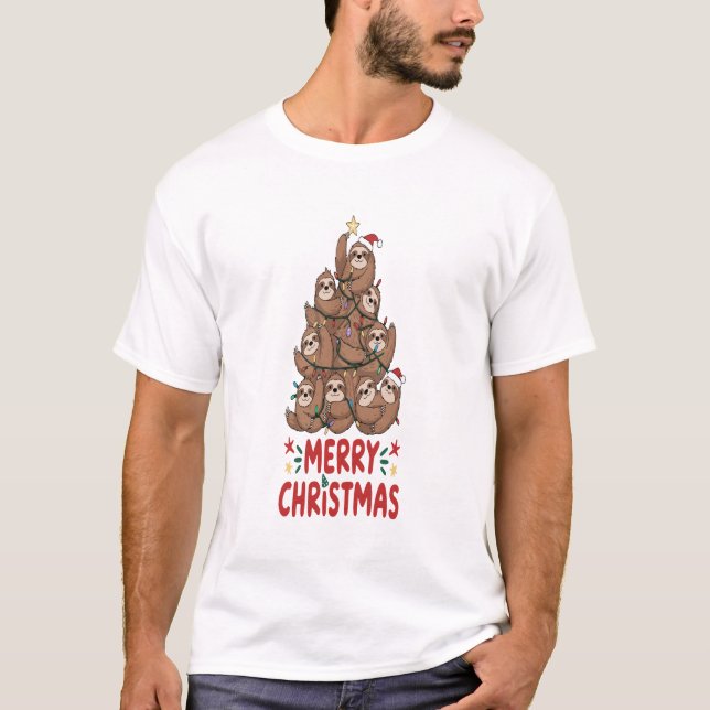 Faultier-Weihnachtsbaum Frohe Feiertage T-Shirt (Vorderseite)