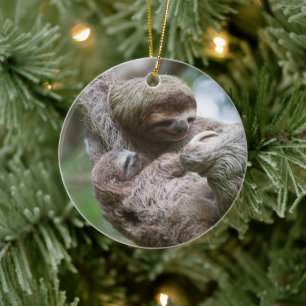 Faultierbaby mit Mutter an einem Baum hängend Keramik Ornament