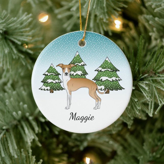 Fauna und Weiß Italienischer Windhund im Winterwal Keramik Ornament (Baum)