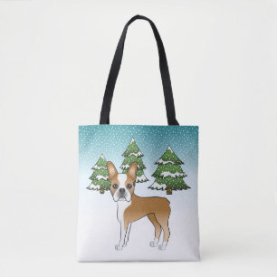 Fauna und White Boston Terrier in einem Winterwald