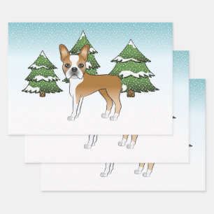 Fauna und White Boston Terrier in einem Winterwald Geschenkpapier Set