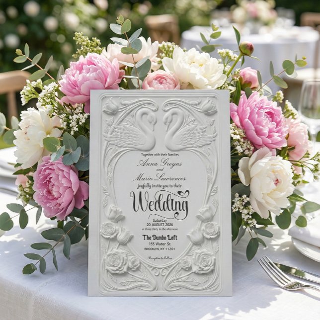 Faux 3D Embossed White Swan Floral Formal Wedding Einladung (Von Creator hochgeladen)