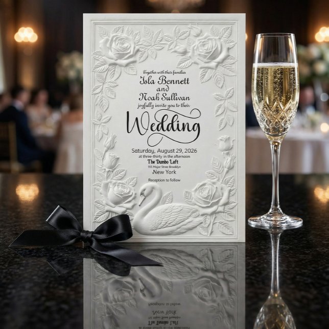 Faux Bas Relief Swan Rose Formal Garden Wedding Einladung (Von Creator hochgeladen)