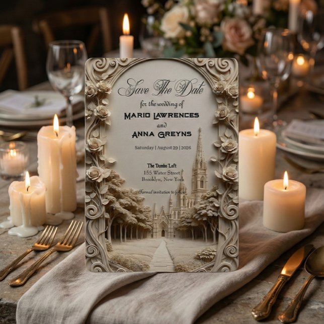 Faux-Basenrelief geschnitzter floraler Torbogen Save The Date (Von Creator hochgeladen)