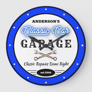 Faux Blaue Neon-Klassiker-Autowerkstatt Jeder Name Große Wanduhr