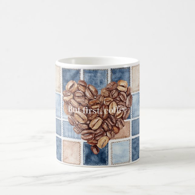 Faux Blue Cream Denim First Coffee Beans Heart Kaffeetasse (Mittel)