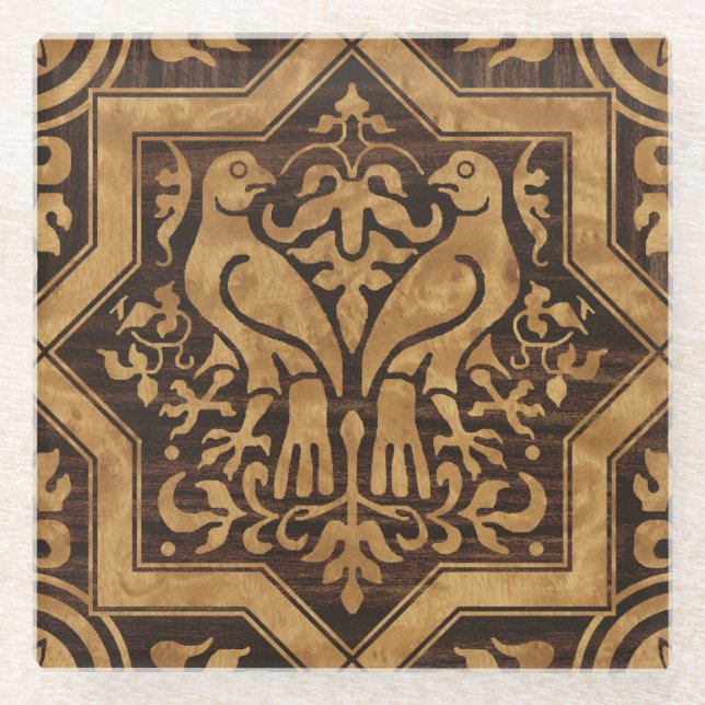 Faux Bois Mittelalterliche Vögel Glasuntersetzer (Vorderseite)