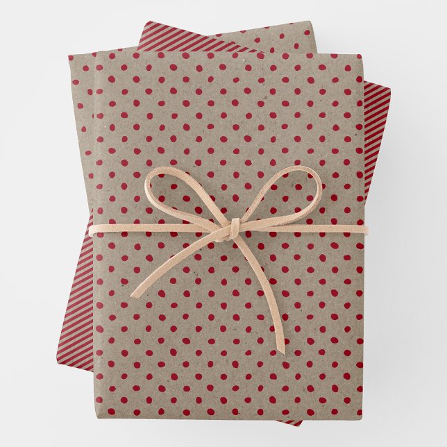 Faux Brown & Red Kraft Paper With Multi Patterns Geschenkpapier Set (Faux Brown & Red Kraft Paper w/ Stripes & Irregular Polka Dots)