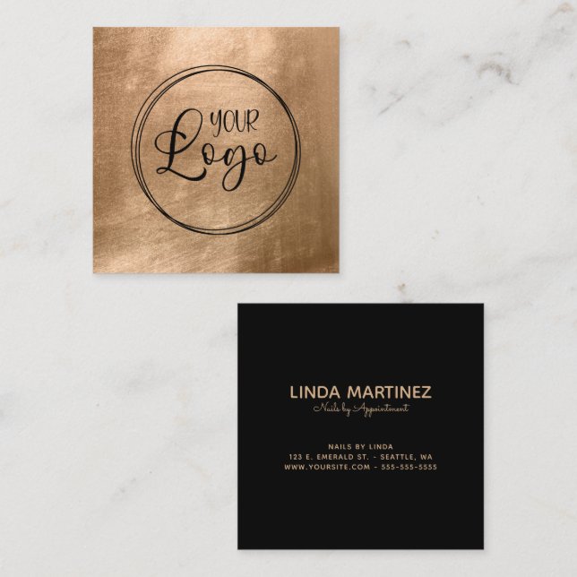 Faux Copper Gold Foil Your Logo Black Quadratische Visitenkarte (Vorne/Hinten)