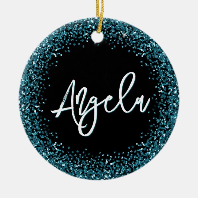 Faux Dark Teal Glitter Black Photo Keramik Ornament (Vorne)