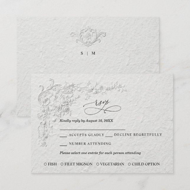 Faux Embossed Floral Wedding RSVP Card Karte (Vorne/Hinten)