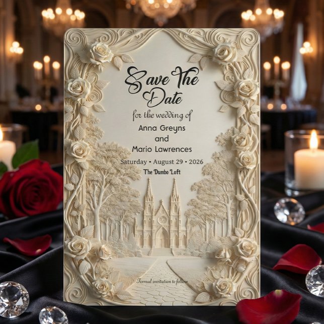 Faux Embossed Relief Ivory Baroque Stone Save The Date (Von Creator hochgeladen)