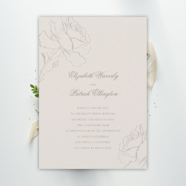 Faux Embossed Roses Ecru Formal Classic Wedding Einladung (ethereal wedding theme ecru invitation formal traditional modern classic floral roses elegant)