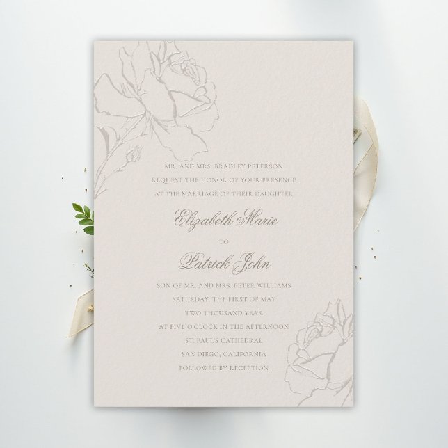 Faux Embossed Roses Ecru Formal Parents Wedding Einladung (floral wedding invitation roses ecru formal traditional modern classic ballroom elegant black tie)