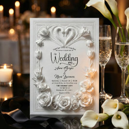 Faux Embossed White Floral Relief Monogram Wedding Einladung