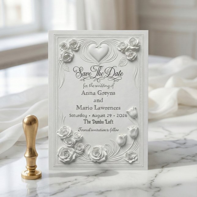 Faux Embossed White Rose Relief Save The Date (Von Creator hochgeladen)