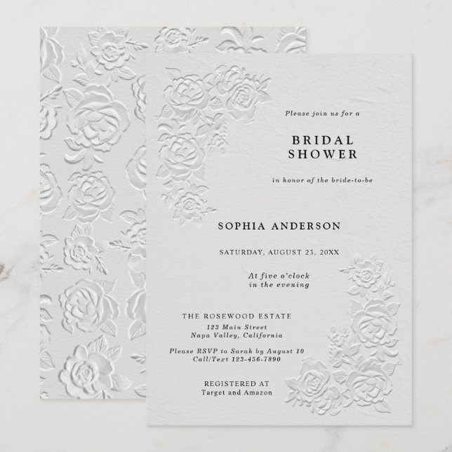 Faux Embossed White Roses Bridal Shower Invitation Einladung (Vorne/Hinten)