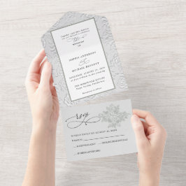 Faux Embossed White Roses Wedding All In One Einladung