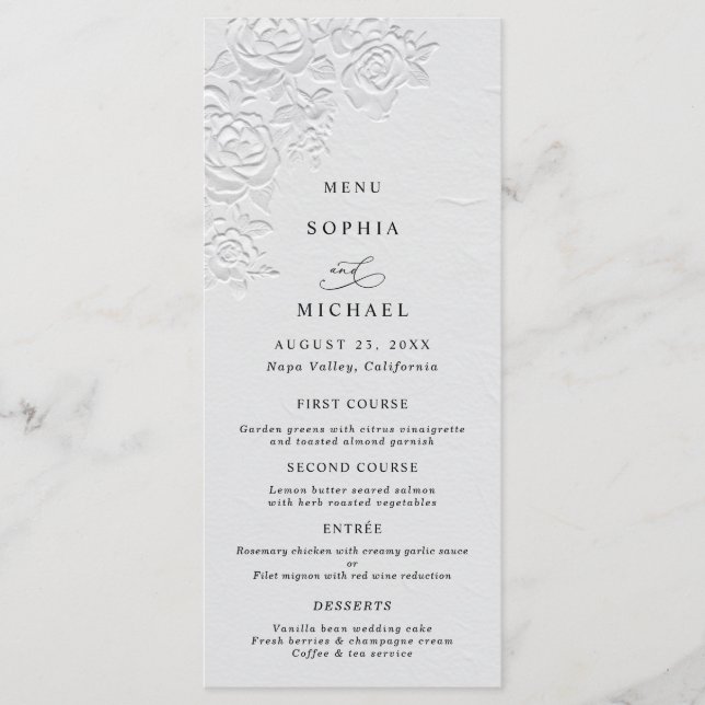 Faux Embossed White Roses Wedding Flat Menu Menükarte (Vorderseite)