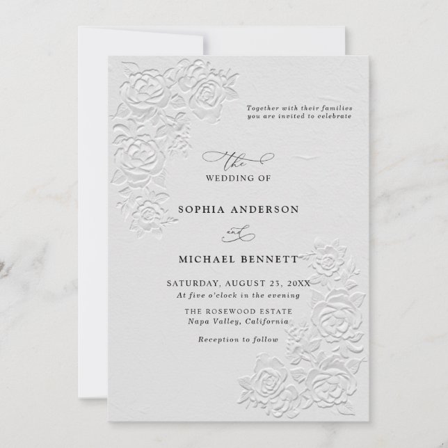 Faux Embossed White Roses Wedding Invitation Einladung (Vorderseite)