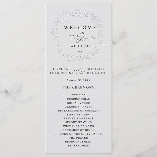 Faux Embossed White Roses Wedding Program Programm (Vorderseite)