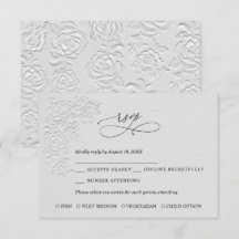 Faux Embossed White Roses Wedding RSVP Card