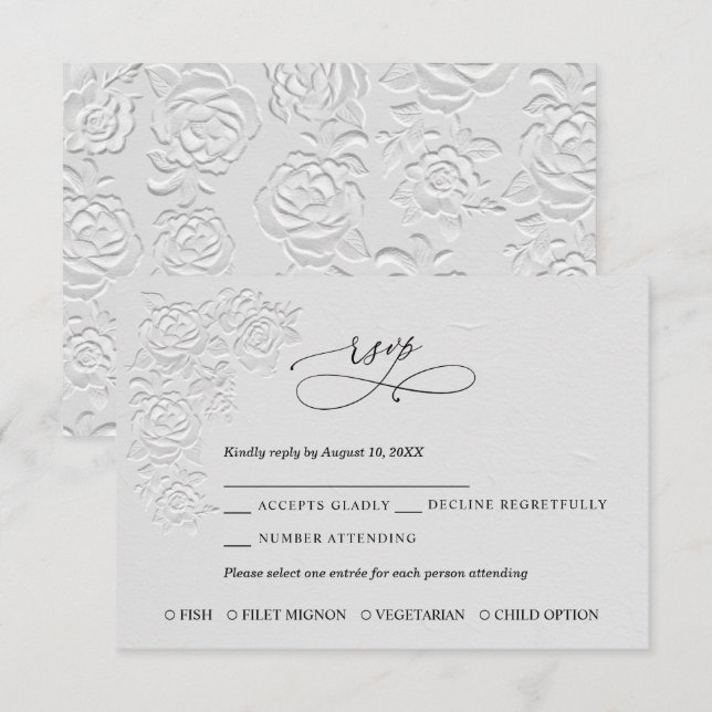 Faux Embossed White Roses Wedding RSVP Card Karte (Vorne/Hinten)