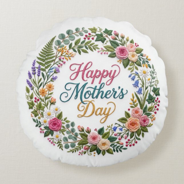 Faux Embroidery Floral Happy Mother's Day Rundes Kissen (Vorderseite)