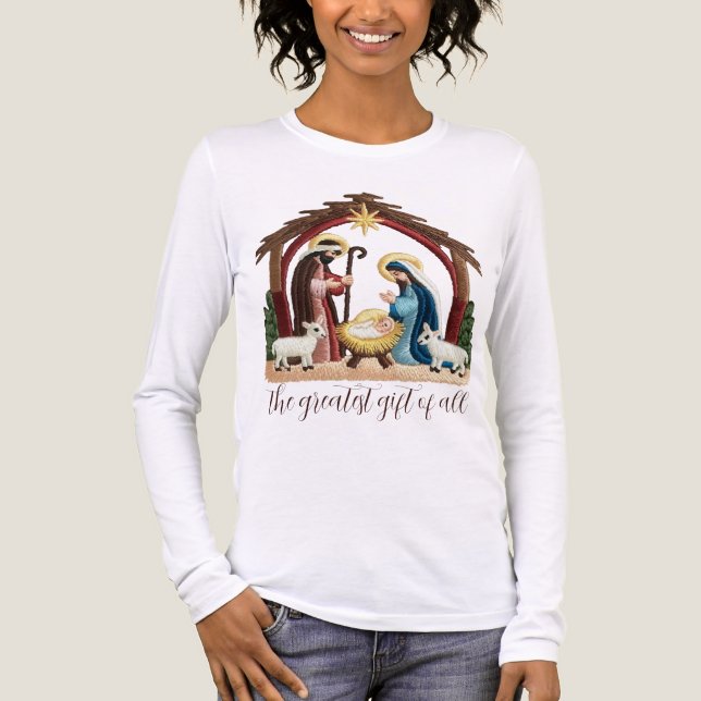 Faux Embroidery Nativity Religious Christmas  Tri-Blend Shirt (Vorderseite)