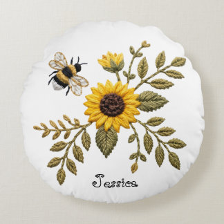 Faux Embroidery Sunflower and Honeybee Rundes Kissen